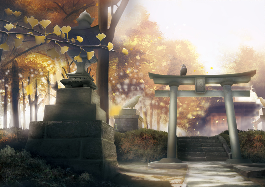 bird building commentary_request crow geshi ginkgo ginkgo_leaf grass no_humans original plant scenery shade shrine stairs statue stone_stairs sunlight torii tree