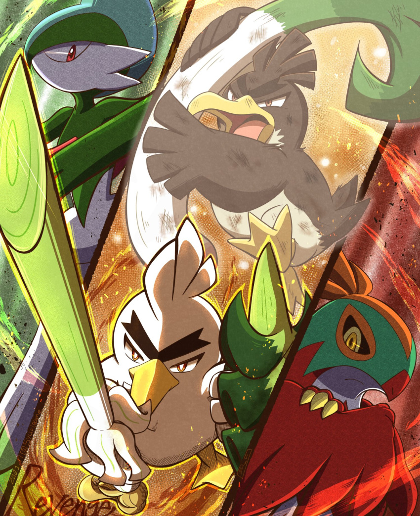 bird closed_mouth commentary_request dirty frown galarian_farfetch'd gallade glowing hawlucha highres holding looking_down open_mouth pokemon pokemon_(creature) red_eyes shuri_(syurigame) sirfetch'd tongue