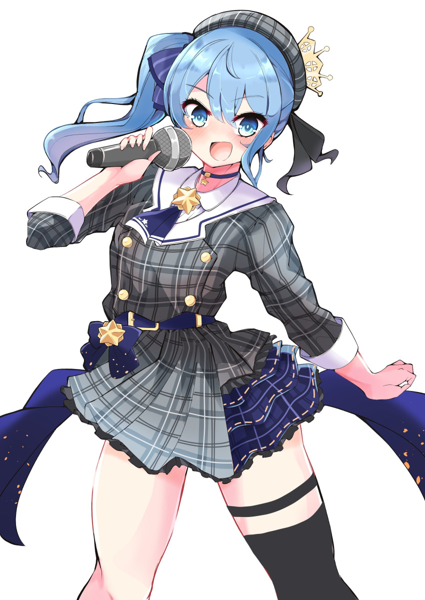 1girl absurdres ascot bangs belt beret black_legwear blue_ascot blue_belt blue_choker blue_eyes blue_hair blue_ribbon breasts buttons choker collared_shirt commentary_request crown double-breasted eyebrows_visible_through_hair eyelashes feet_out_of_frame grey_headwear grey_jacket hair_between_eyes hair_ribbon hand_up hat highres holding holding_microphone hololive hoshimachi_suisei jacket long_hair long_sleeves looking_at_viewer microphone one_side_up open_mouth plaid plaid_headwear plaid_jacket ribbon shirt side_ponytail sidelocks simple_background single_thighhigh skirt skirt_set small_breasts solo star_(symbol) star_choker thigh-highs thigh_strap thighs virtual_youtuber white_background white_shirt yamada_naoko_(kodamayanao)