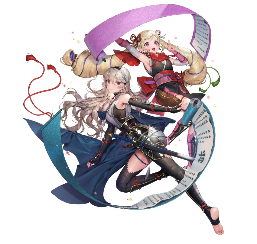 2girls absurdres alternate_costume arm_guards armor armpits bangs bare_shoulders black_gloves black_legwear blonde_hair blush bow bowtie breasts cape closed_mouth commentary_request corrin_(fire_emblem) corrin_(fire_emblem)_(female) earrings elbow_gloves elise_(fire_emblem) fingerless_gloves fire_emblem fire_emblem_fates fire_emblem_heroes floating floating_object full_body gloves hair_ornament hairband highres japanese_clothes jewelry long_hair looking_away medium_breasts multiple_girls ninja obi official_art open_mouth pelvic_curtain pointy_ears red_eyes sandals sash scroll senchat shin_guards shiny shiny_clothes shiny_hair shiny_skin shuriken_earrings silver_hair simple_background sleeveless smile sword thigh-highs tied_hair twintails violet_eyes weapon white_background