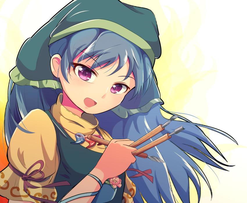 1girl apron arm_ribbon bangs between_fingers blue_hair blue_ribbon bow brush dress eyebrows_visible_through_hair fire flower green_apron green_headwear green_scarf haniyasushin_keiki hansode32 head_scarf highres jewelry leaf long_hair looking_at_viewer magatama magatama_necklace necklace open_mouth pink_flower pocket puffy_short_sleeves puffy_sleeves red_bow ribbon scarf short_sleeves simple_background smile solo touhou upper_body violet_eyes white_background yellow_dress