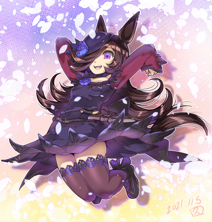 1girl animal_ears arms_up bow brown_hair commentary dagger dated dress flower hair_over_one_eye hat hat_flower highres hisahiko horse_ears horse_girl jumping knife lace-trimmed_dress lace-trimmed_legwear lace_trim legs_up long_hair long_sleeves object_namesake open_mouth petals rice rice_shower_(umamusume) rose shaded_face sheath sheathed shoes signature smile solo thigh-highs umamusume violet_eyes weapon