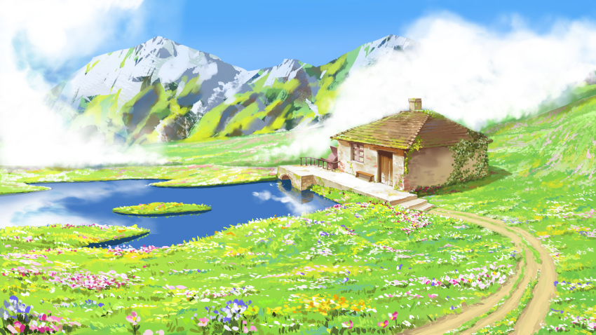 blue_sky chimney chinese_commentary clouds commentary_request door flower grass highres house lake landscape mountain nature no_humans original path plant reflection reflective_water rooftop scenery sky stairs stone_stairs window xingzhi_lv