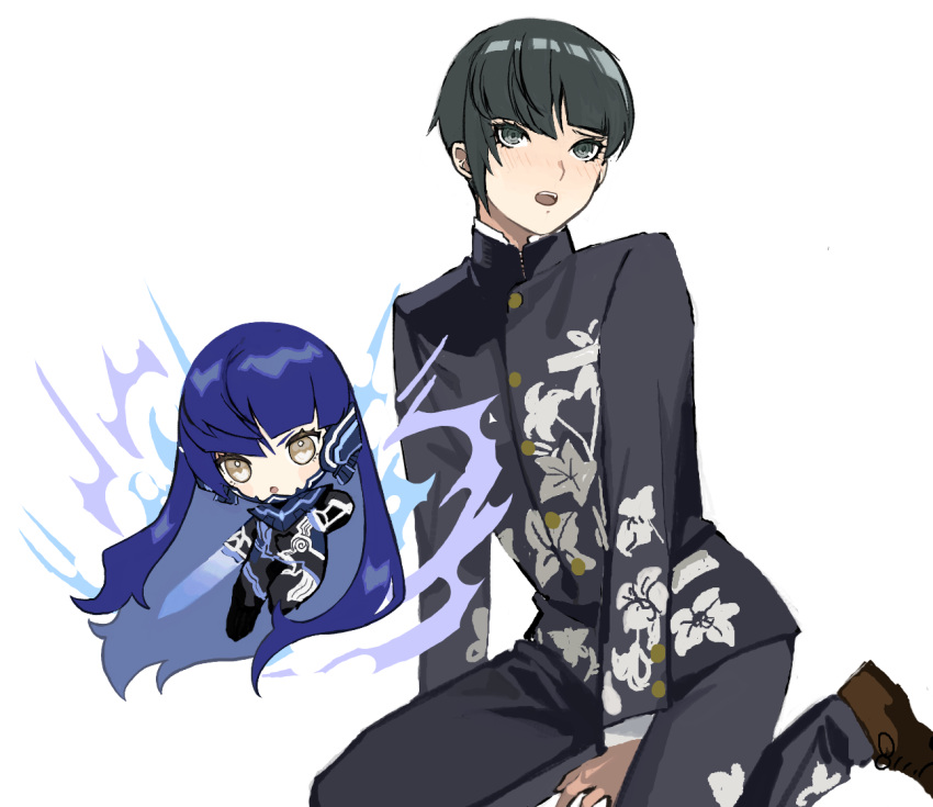 1boy androgynous armor bangs black_hair blue_eyes blue_hair blush bodysuit bowl_cut chibi collarbone eyelashes long_hair looking_at_viewer male_focus morimiya_(kuroro) protagonist_(smtv) purple_hair school_uniform shin_megami_tensei shin_megami_tensei_v short_hair simple_background smile solo very_long_hair yellow_eyes