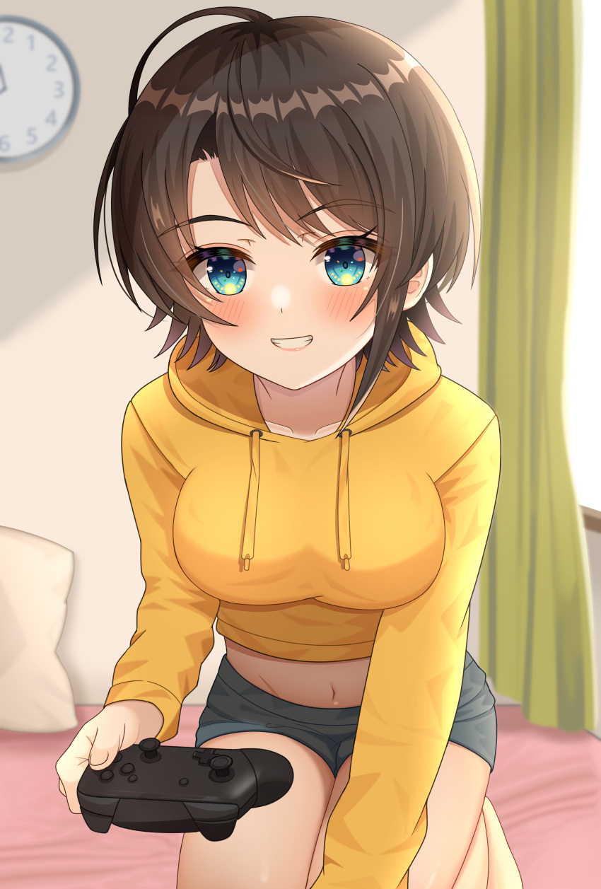 1girl absurdres bangs bed blue_eyes blush breasts brown_hair clock collarbone controller curtains eyebrows_visible_through_hair game_controller grin highres hisui_(user_zvkr2432) holding holding_controller holding_game_controller hololive hood hoodie indoors looking_at_viewer medium_breasts navel on_bed oozora_subaru pillow short_hair short_shorts shorts sitting smile solo swept_bangs virtual_youtuber yellow_hoodie