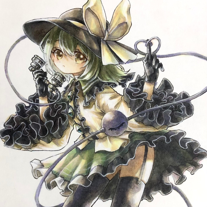 1girl black_gloves black_headwear black_legwear center_frills collared_shirt corded_phone diamond_(shape) eyeball frilled_shirt_collar frilled_sleeves frills gloves green_eyes green_hair green_skirt hat hat_ribbon heart heart_of_string highres hisako_(6anmbblfnjueeff) komeiji_koishi long_sleeves medium_hair phone ribbon shirt skirt solo symbol-only_commentary third_eye touhou traditional_media wavy_hair white_background wide_sleeves yellow_ribbon yellow_shirt