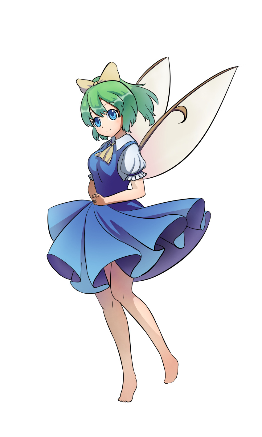 04leafy 1girl absurdres ascot bangs bare_legs bare_shoulders barefoot blue_dress blue_eyes bow breasts closed_mouth collared_shirt daiyousei dress fairy_wings full_body green_eyes green_hair hair_bow highres pinafore_dress ponytail puffy_short_sleeves puffy_sleeves shirt short_hair short_sleeves simple_background small_breasts smile touhou white_background white_shirt wings yellow_ascot yellow_bow yellow_neckwear