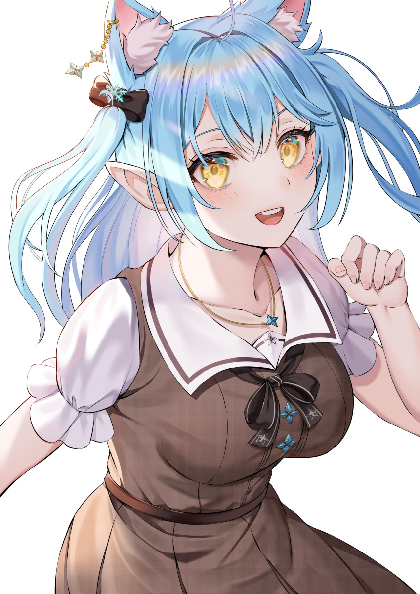 1girl :d absurdres animal_ear_fluff animal_ears black_bow black_bowtie blue_hair blush bow bowtie breasts brown_dress cat_ears collarbone dress ear_piercing ebinomi elf extra_ears fingernails highres hololive jewelry long_hair looking_at_viewer medium_breasts multicolored_hair necklace open_mouth paw_pose piercing pinafore_dress pink_hair pointy_ears ponytail sailor_collar sailor_dress shirt smile solo streaked_hair teeth two_side_up upper_teeth virtual_youtuber white_shirt yellow_eyes yukihana_lamy