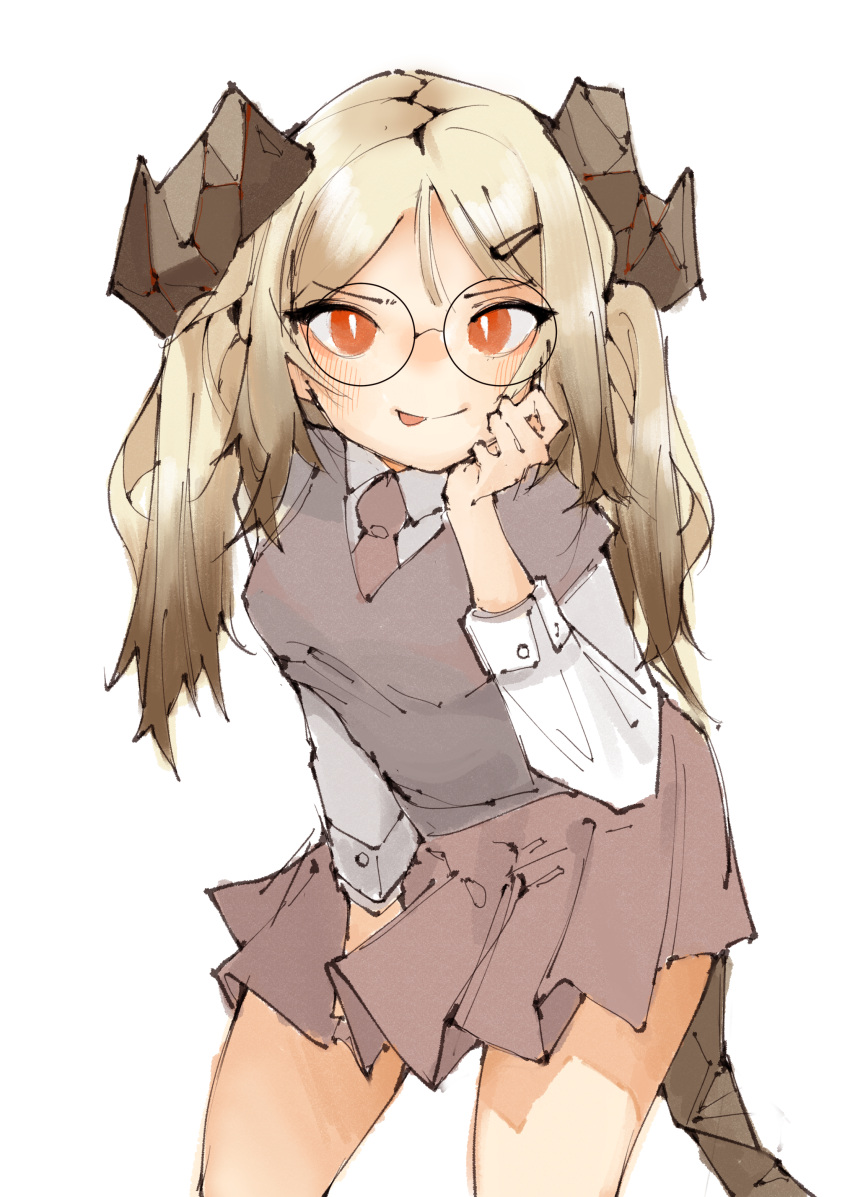 1girl :p absurdres alternate_hair_length alternate_hairstyle arknights bespectacled blonde_hair blush brown_necktie brown_skirt brown_vest collared_shirt cowboy_shot demon_girl demon_horns demon_tail glasses hair_ornament hairclip highres horns ifrit_(arknights) long_hair long_sleeves looking_at_viewer necktie orange_eyes pleated_skirt shirt simple_background skirt slit_pupils soda_(sod4) solo tail tongue tongue_out twintails v-shaped_eyebrows vest white_background white_shirt
