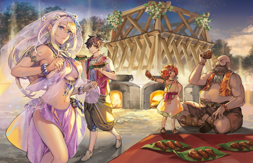 2boys 2girls :d ai_fa bangs bare_shoulders blonde_hair blue_eyes bracelet character_request child closed_mouth cover_image dancer earrings eyebrows_behind_hair fire flower food hair_flower hair_ornament highres holding holding_food isekai_ryouridou jewelry kochimo long_hair looking_at_another looking_away meat messy_hair midriff multiple_boys multiple_girls navel necklace night novel_illustration official_art open_mouth outdoors photoshop_(medium) redhead sandals sarong second-party_source smile standing stomach textless thighs tree tsurumi_asuta veil