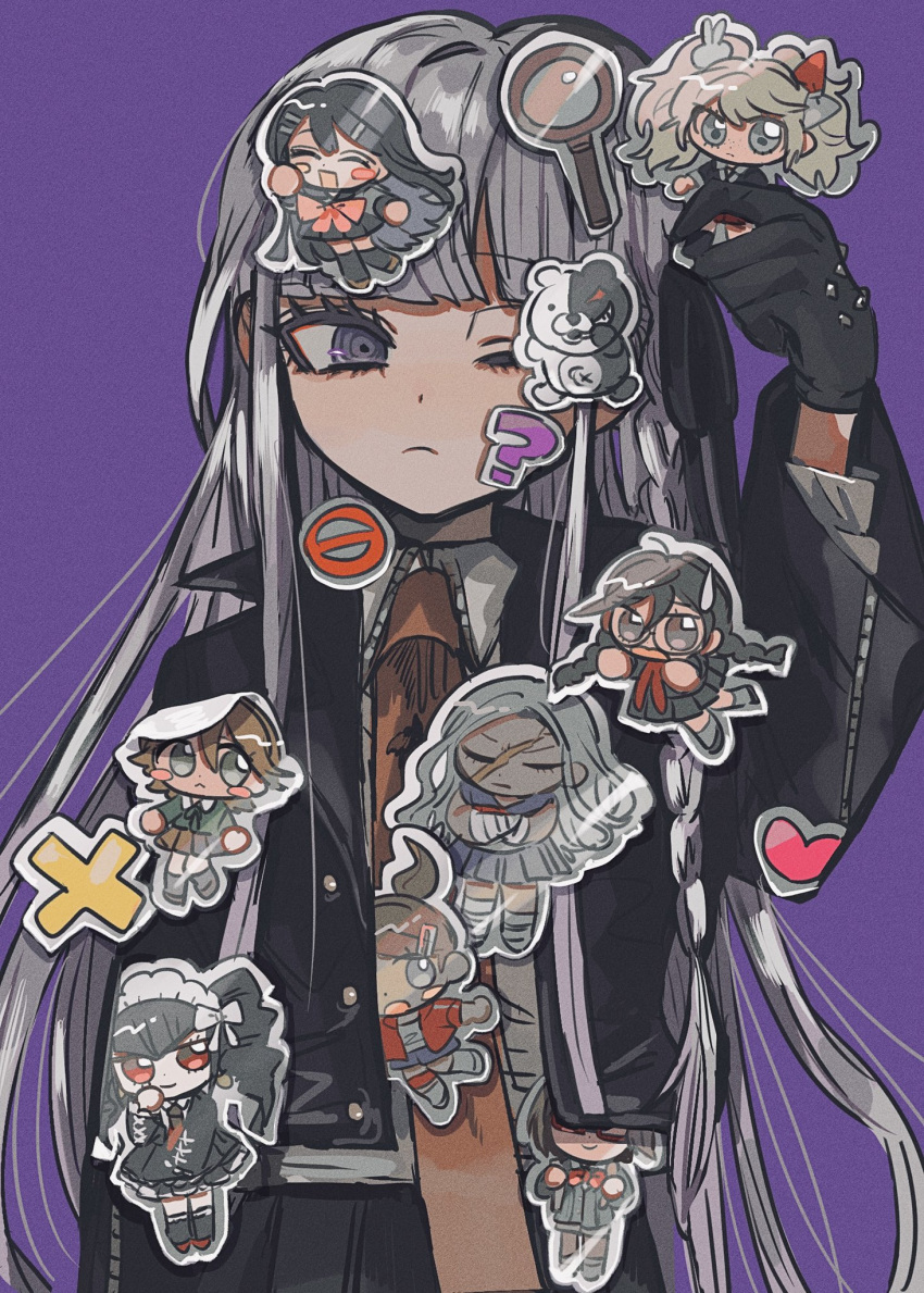 1girl ? asahina_aoi bangs black_gloves black_jacket black_skirt brown_necktie celestia_ludenberg character_print collared_shirt cross danganronpa:_trigger_happy_havoc danganronpa_(series) danganronpa_kirigiri enoshima_junko frown fujisaki_chihiro fukawa_touko gloves grey_shirt hand_up highres jacket kara_aren kirigiri_kyouko long_hair long_sleeves magnifying_glass maizono_sayaka necktie one_eye_closed oogami_sakura open_clothes open_jacket pleated_skirt purple_background samidare_yui shirt simple_background skirt solo sticker violet_eyes