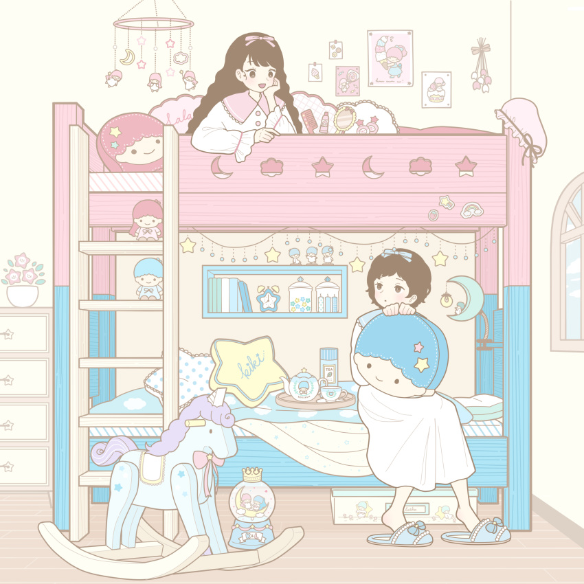 2girls absurdres bangs bed black_hair blue_ribbon bunk_bed cup dress flower hair_ribbon highres ladder little_twin_stars long_hair long_sleeves merchandise multiple_girls nightgown original pillow pink_ribbon ribbon rocking_horse shelf short_hair slippers teacup teapot white_dress wide_shot yoshimon