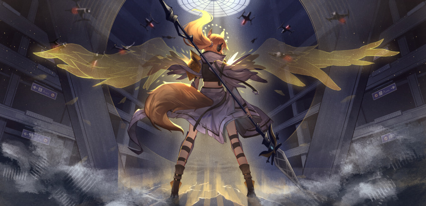 1girl animal_ears arknights armor black_footwear black_shirt blonde_hair boots drone facing_away from_behind full_body headset highres holding holding_polearm holding_weapon horse_ears horse_tail implied_extra_ears long_hair long_sleeves nearl_(arknights) nearl_the_radiant_knight_(arknights) official_alternate_costume pauldrons pegasus_wings pixerite polearm ponytail shin_guards shirt shoulder_armor single_pauldron skirt skylight solo tail tied_hair weapon white_skirt white_sleeves