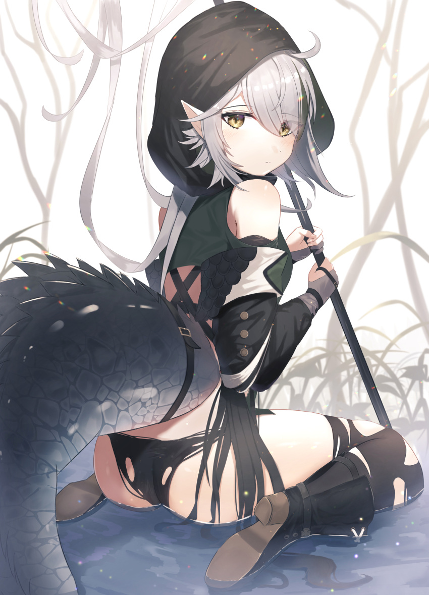 1girl absurdres ahoge arknights ass black_footwear black_panties black_sleeves boots crocodilian_tail detached_sleeves from_behind gloves green_tunic grey_gloves grey_hair highres holding holding_staff hood hood_up in_water looking_at_viewer looking_back panties partially_fingerless_gloves pointy_ears short_hair sitting solo staff takeroku thigh-highs tomimi_(arknights) torn_clothes torn_legwear torn_panties underwear wariza water white_background yellow_eyes
