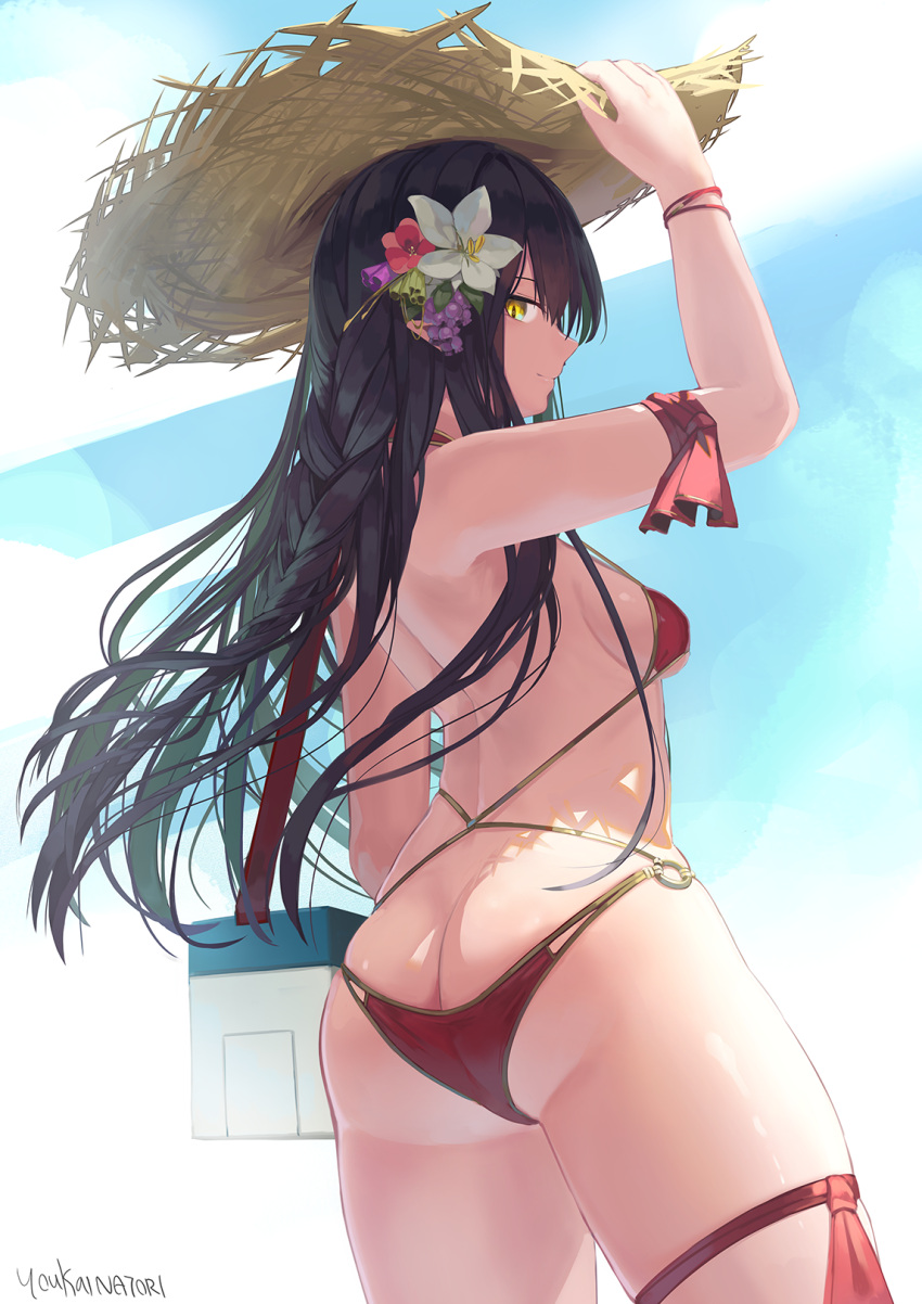 1girl ass bangs black_hair braid breasts butt_crack flower from_behind hair_flower hair_ornament hat highres holding holding_clothes holding_hat looking_at_viewer natori_youkai o-ring o-ring_swimsuit original slit_pupils small_breasts solo sun_hat swimsuit yellow_eyes
