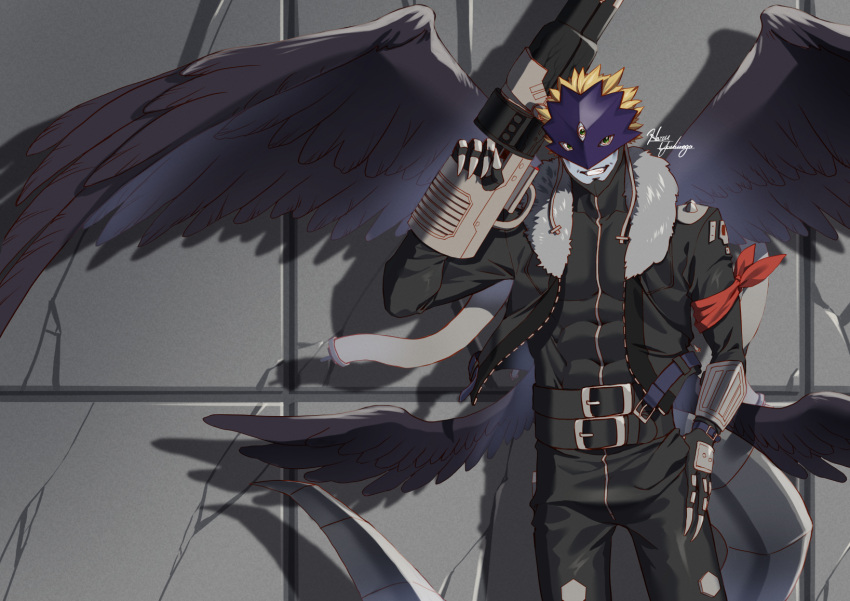 1boy abs armband artist_name assault_rifle beelzebumon belt black_jacket black_pants digimon digimon_(creature) fur_trim gauntlets gun hand_on_hip highres holding holding_gun holding_weapon jacket male_focus mask muscular muscular_male no_humans open_mouth pants rifle smile standing tail teeth third_eye weapon wings yoshinaga_haru