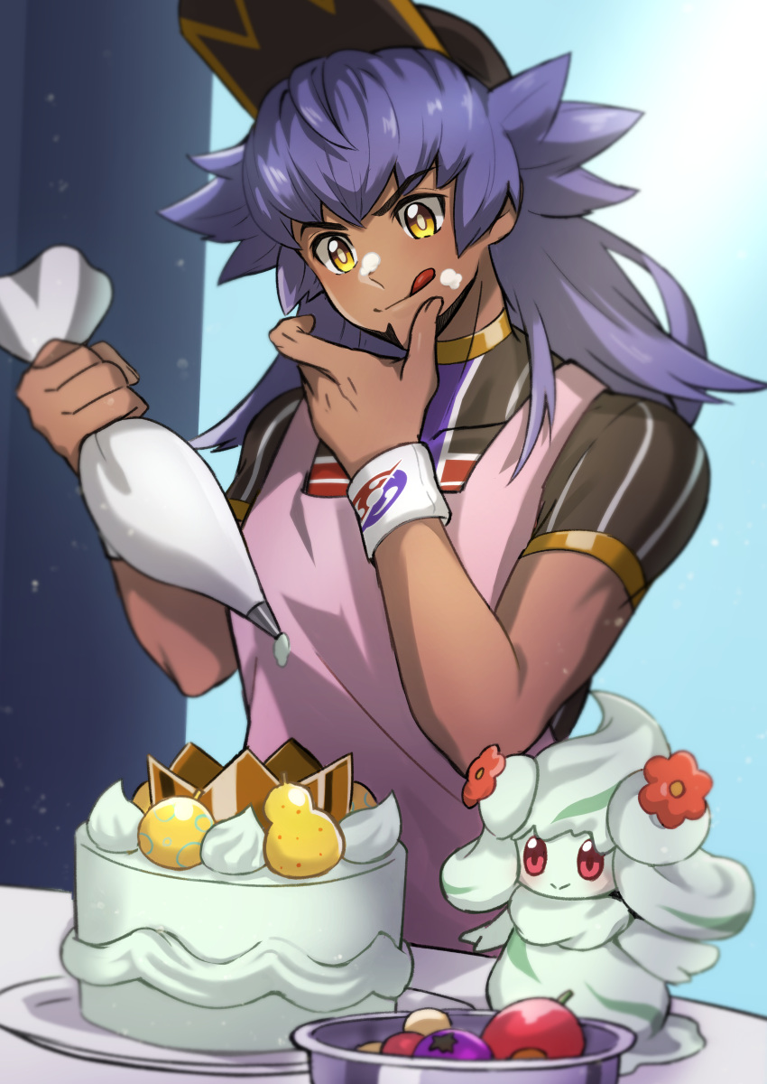 1boy :q absurdres alcremie alcremie_(flower_sweet) bangs baseball_cap berry_(pokemon) blush bowl bright_pupils cake champion_uniform closed_mouth commentary_request dark-skinned_male dark_skin facial_hair food food_on_face hands_up hat highres holding leon_(pokemon) licking_lips long_hair male_focus plate pokemon pokemon_(creature) pokemon_(game) pokemon_swsh purple_hair shirt short_sleeves sitrus_berry smile table tongue tongue_out white_pupils yellow_eyes yunoru