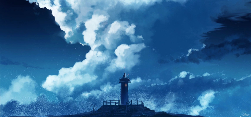 absurdres building chinese_commentary clouds cloudy_sky commentary_request fence highres lighthouse no_humans original outdoors scenery signature sky skyrick9413 stairs