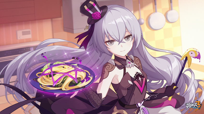 1girl asymmetrical_gloves bangs black_dress black_gloves black_headwear breasts bronya_zaychik closed_mouth dress gloves grey_eyes grey_hair hair_between_eyes highres holding holding_ladle holding_plate honkai_(series) honkai_impact_3rd kitchen ladle looking_at_viewer microwave mismatched_gloves omelet plate sleeveless sleeveless_dress small_breasts smile solo