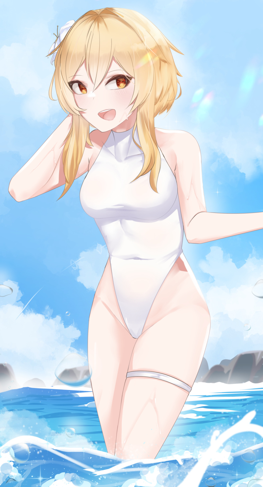 1girl absurdres blonde_hair blue_sky casual_one-piece_swimsuit clouds day feet_out_of_frame flower genshin_impact hair_flower hair_ornament highleg highleg_swimsuit highres j21aharu lumine_(genshin_impact) one-piece_swimsuit orange_eyes outdoors short_hair_with_long_locks sky solo swimsuit turtleneck