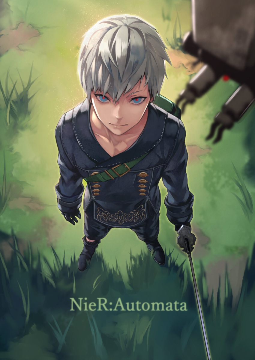 1boy bangs black_footwear black_jacket black_pants buttons collarbone double-breasted drone from_above grass grey_hair highres holding holding_sword holding_weapon jacket looking_at_viewer looking_up nier_(series) nier_automata pants shoes short_hair solo standing sword weapon yorha_no._9_type_s yoshio_(55level)
