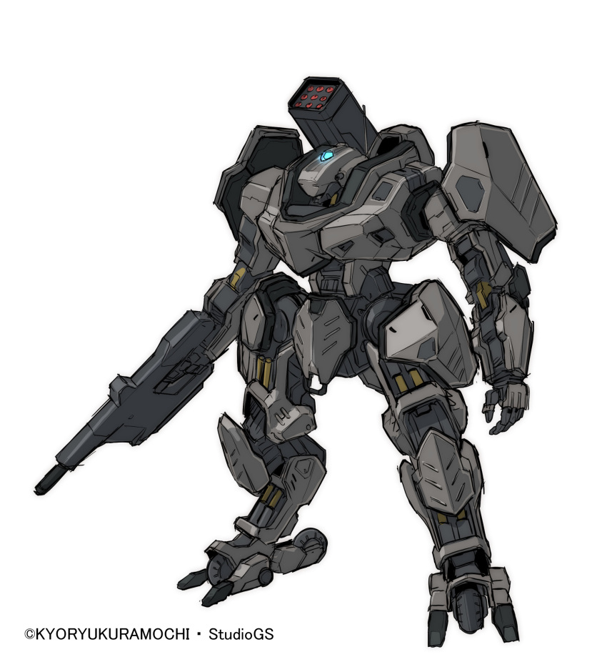 code_beast gun highres holding holding_gun holding_weapon mecha missile_pod no_humans official_art open_hand radio_antenna science_fiction standing sukekiyo56 weapon white_background