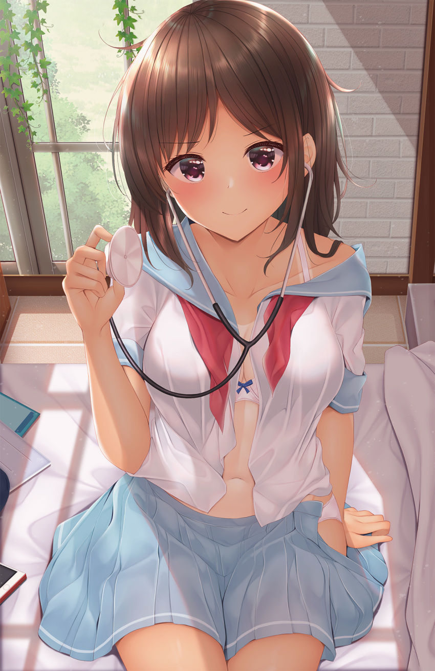 1girl arm_support bangs bare_shoulders blue_sailor_collar blue_skirt blush bow bow_bra bra breasts brick_wall brown_hair closed_mouth collarbone day eyebrows_visible_through_hair hand_up highres holding indoors long_hair looking_at_viewer medium_breasts minato_ojitan navel neckerchief off_shoulder open_clothes open_shirt original panties parted_bangs pleated_skirt red_eyes red_neckwear sailor_collar school_uniform serafuku shirt short_sleeves sitting skirt smile stethoscope tan underwear white_bra white_panties white_shirt window