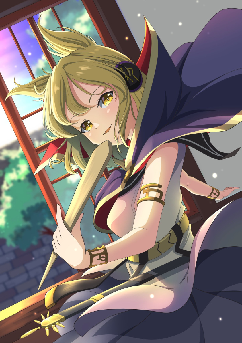 1girl amanoyayuki armlet bangs belt black_sailor_collar blonde_hair blurry blurry_background blush breasts bush cape clouds commentary_request dress earmuffs gold_belt gold_bracelet gold_trim highres holding large_breasts light_particles looking_at_viewer open_mouth pointy_hair purple_cape purple_skirt ritual_baton sailor_collar sheath short_hair sidelocks skirt sleeveless sleeveless_dress solo standing sword touhou toyosatomimi_no_miko tree two-sided_cape two-sided_fabric upper_body wall weapon window