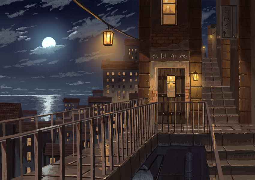 absurdres ame246 building cityscape clouds commentary_request door fence full_moon highres lamp light moon moonlight night night_sky no_humans ocean original scenery sign sky stairs stone_stairs town window