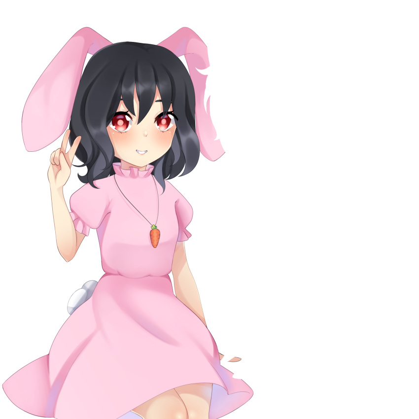 1girl animal_ears artist_request black_hair blush carrot_necklace dress floppy_ears highres inaba_tewi jewelry pendant pink_dress puffy_short_sleeves puffy_sleeves rabbit rabbit_ears rabbit_tail red_eyes short_hair short_sleeves simple_background standing tail touhou white_background