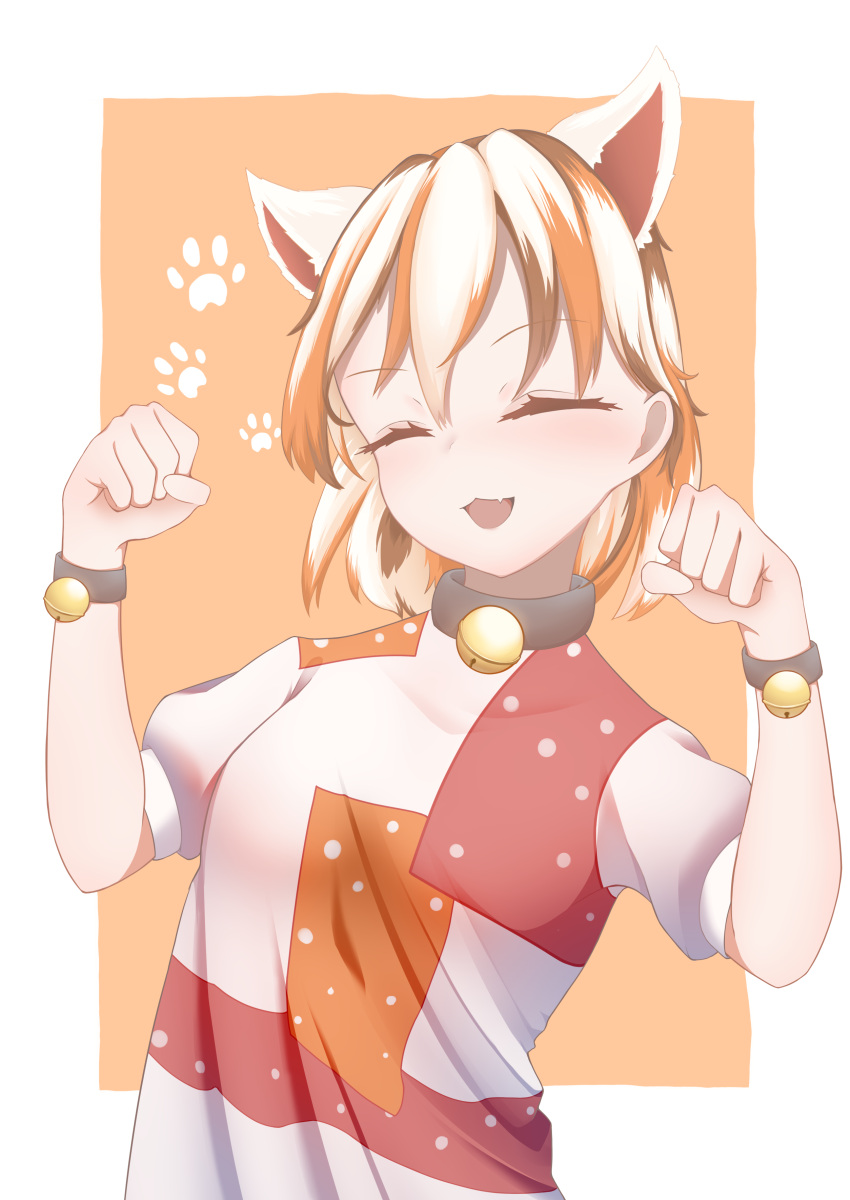 1girl absurdres animal_ears artist_request bangs calico cat_ears cat_girl cat_tail closed_eyes gesture goutokuji_mike highres maneki-neko multicolored_hair multicolored_shirt multicolored_tail open_mouth patchwork_clothes paw_pose short_hair streaked_hair tail touhou upper_body white_hair
