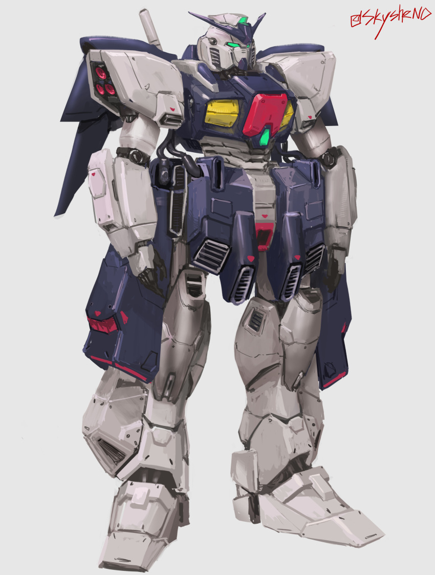 absurdres artist_name english_commentary g-saviour_gundam green_eyes grey_background gundam gundam_g-saviour highres mecha mobile_suit no_humans open_hands redesign science_fiction sky_(sky_sheno) solo standing v-fin