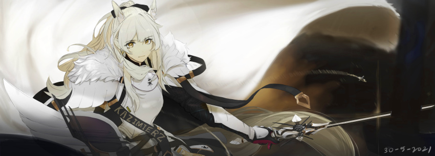 1girl absurdres animal_ears arknights armor black_bow black_gloves blemishine_(arknights) blonde_hair bow clothes_writing dated extra_ears eyebrows_visible_through_hair fur-trimmed_armor gloves hair_bow highres holding holding_sword holding_weapon horse_ears jesssin kingdom_of_kazimierz_logo long_hair looking_at_viewer ponytail solo sword two-tone_gloves upper_body weapon white_gloves yellow_eyes