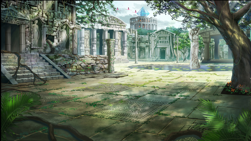 ancient clouds commentary_request crystal fantasy flower grass lily_pad no_humans nzwt original plant pond ruins scenery sky stairs statue stone_stairs tree