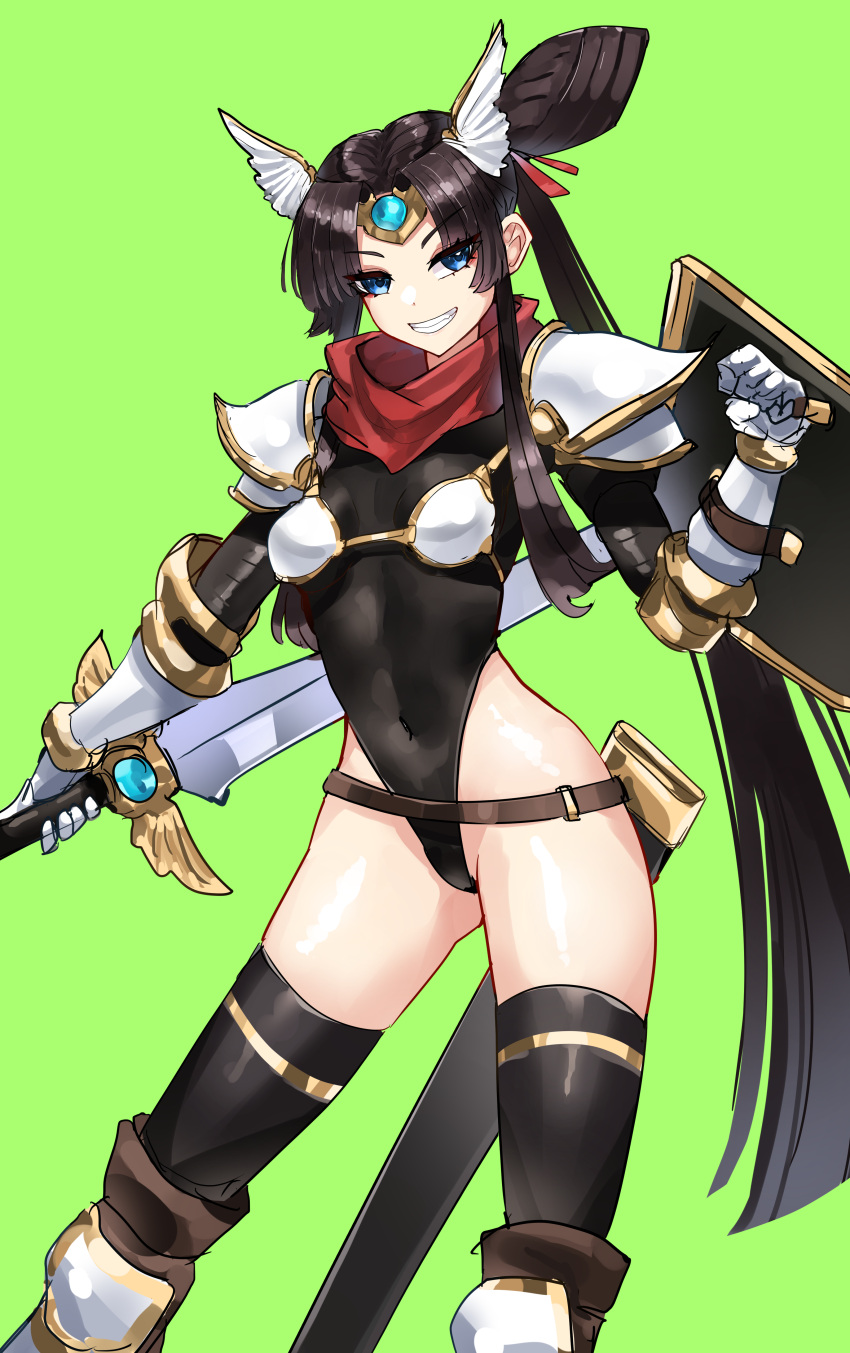 1girl absurdres arm_armor armor bangs belt bikini bikini_armor black_hair black_legwear black_leotard blue_eyes breasts casul covered_navel ears fate/grand_order fate_(series) gauntlets gem gold_trim green_background headpiece highleg highleg_leotard highres holding holding_shield holding_sword holding_weapon leotard long_sleeves red_scarf scarf sheath shield shoulder_armor side_ponytail small_breasts smile solo swimsuit sword thigh-highs thighs ushiwakamaru_(fate) weapon