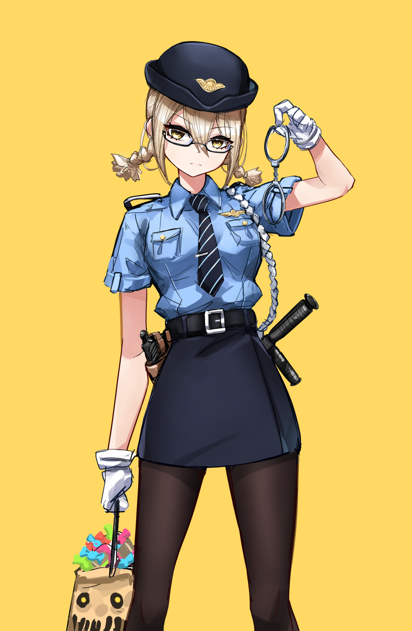 1girl absurdres artoria_pendragon_(fate) bangs blonde_hair blue_shirt blush braid breasts casul cuffs fate/grand_order fate_(series) hair_between_eyes handcuffs hat highres long_hair looking_at_viewer medium_breasts mysterious_heroine_x_(alter)_(fate) necktie pencil_skirt police police_hat police_uniform policewoman shirt sidelocks skirt thighs twin_braids uniform yellow_eyes