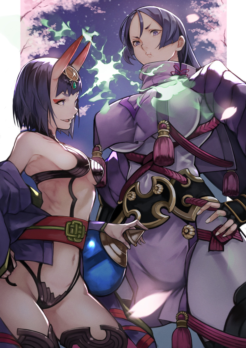 2girls :t absurdres arm_guards bangs bare_shoulders black_gloves bob_cut bodysuit breasts cherry_blossoms closed_mouth collarbone commentary_request covered_navel eye_contact eyeliner fangs fate/grand_order fate_(series) fingerless_gloves gem gloves groin hair_between_eyes headpiece high_collar highres horns japanese_clothes jewelry kimono large_breasts loincloth long_hair looking_at_another makeup minamoto_no_raikou_(fate) multiple_girls navel obi off_shoulder oni oni_horns open_clothes open_kimono open_mouth parted_bangs petals pout puffy_cheeks purple_bodysuit purple_hair purple_kimono revealing_clothes ribbed_sleeves rope sash short_eyebrows short_hair shuten_douji_(fate) skin-covered_horns sky small_breasts smile tabard thighs very_long_hair violet_eyes wide_sleeves yoshio_(55level)