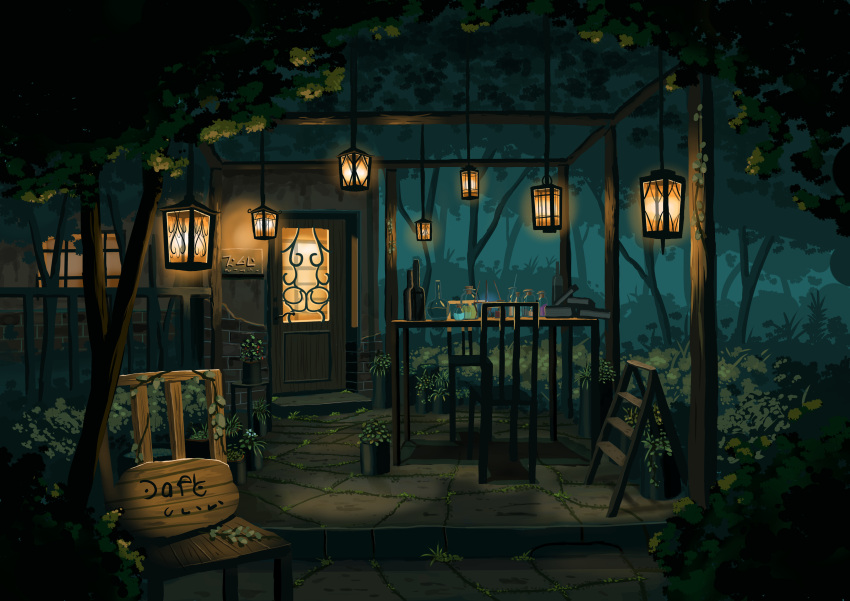 absurdres ame246 book bottle bush cafe chair commentary_request door fence grass highres ladder lantern light no_humans original plant potion restaurant scenery sign table tree vines window
