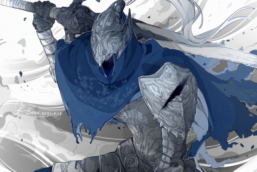 1boy armor artist_name artorias_the_abysswalker bangs black_gloves blue_cape broken_armor cape cowboy_shot dark_souls_(series) dark_souls_i dated facing_viewer full_armor gauntlets gloves grey_background hand_up helmet highres holding holding_sword holding_weapon k-bone knight male_focus shoulder_armor simple_background solo sword torn_cape torn_clothes weapon