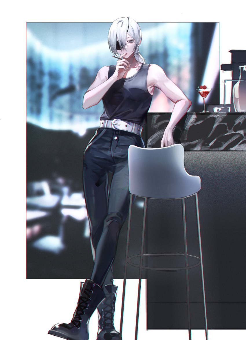 1girl absurdres bare_arms bare_shoulders belt blurry blurry_background boots chainsaw_man cocktail_glass combat_boots cup drinking_glass eyepatch finger_to_mouth full_body grey_eyes highres quanxi_(chainsaw_man) sleepless_(wrysmile) smoking solo standing tied_hair white_hair