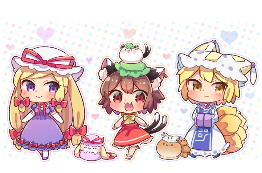 3girls :&gt; :3 :d animal_ear_fluff animal_ears bangs blob blonde_hair blue_footwear blush bow breasts brooch brown_eyes brown_hair cat_ears cat_tail chen choker commentary_request dotted_background dress dress_bow earrings elbow_gloves eyebrows_visible_through_hair fang fox_tail frilled_dress frills full_body gloves green_headwear hair_ribbon hands_in_opposite_sleeves happy hat highres ibaraki_natou jewelry kitsune large_breasts long_hair long_sleeves looking_at_viewer looking_to_the_side mary_janes mob_cap multiple_girls multiple_tails nekomata ofuda on_head open_mouth puffy_short_sleeves puffy_sleeves purple_dress red_choker red_footwear red_neckwear red_ribbon red_skirt red_vest ribbon ribbon-trimmed_dress ribbon_choker ruby_(gemstone) shiny shiny_hair shoes short_hair short_sleeves sidelocks single_earring skirt smile socks solid_oval_eyes standing tabard tail tassel touhou tress_ribbon two_tails vest violet_eyes white_background white_footwear white_gloves white_headwear white_sleeves yakumo_ran yakumo_yukari yellow_eyes yellow_neckwear