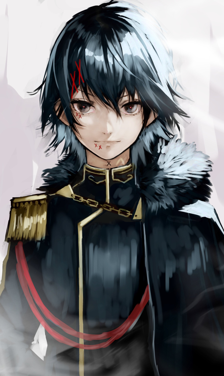 1boy absurdres aiguillette alternate_costume androgynous black_hair chain close-up closed_mouth commentary_request epaulettes fur_collar hair_between_eyes hair_ornament hairclip highres looking_at_viewer male_focus military military_jacket military_uniform short_hair smile solo stitched_face stitches suzuya_juuzou tokyo_ghoul tokyo_ghoul:re uniform x_hair_ornament yoshio_(55level)