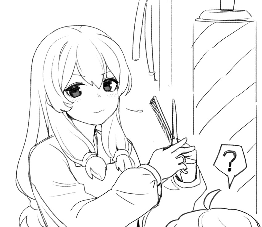 1girl 1other ? ahoge barber barber_pole cain_(gunnermul) closed_mouth comb eyebrows_visible_through_hair greyscale hair_between_eyes holding holding_comb holding_scissors long_hair looking_at_viewer monochrome original out_of_frame scissors sketch smile