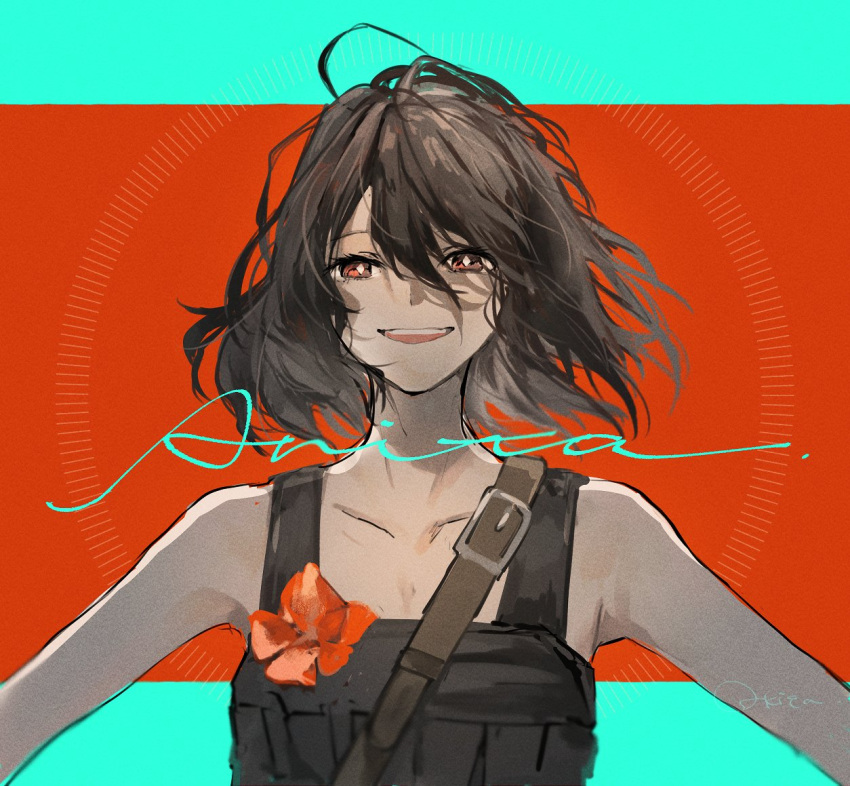 1girl :d anita_(arknights) aqua_background arknights belt brown_belt brown_hair brown_overalls character_name collarbone diamond-shaped_pupils diamond_(shape) flower hair_between_eyes looking_at_viewer medium_hair o_kita915 open_mouth outstretched_arms portrait red_background red_flower shadow simple_background smile solo spread_arms straight-on symbol-shaped_pupils two-tone_background