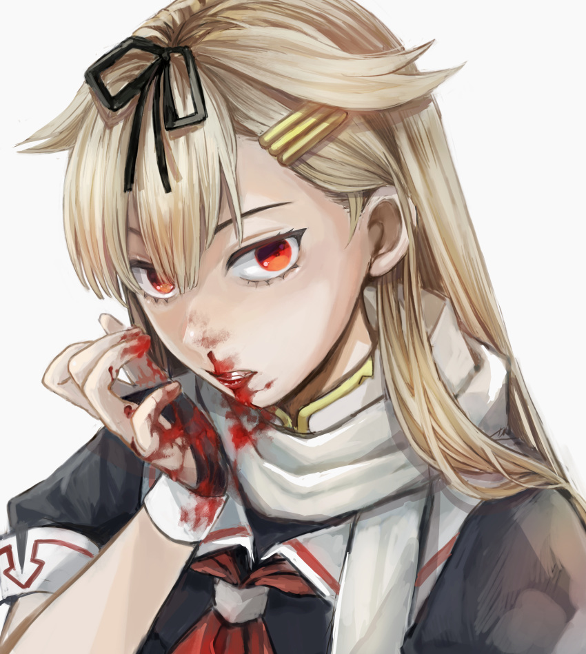 1girl absurdres bangs black_gloves black_ribbon black_serafuku blonde_hair blood blood_on_face blood_on_hands clenched_teeth fingerless_gloves gloves grey_background hagioshi hair_between_eyes hair_flaps hair_ornament hair_ribbon hairclip highres kantai_collection long_hair looking_at_viewer neckerchief nosebleed red_neckerchief redhead ribbon sailor_collar scarf school_uniform serafuku simple_background solo teeth white_scarf yuudachi_(kancolle)