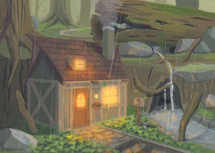 ame246 building bush chimney commentary_request door grass highres house lamp light log mailbox_(incoming_mail) moss nature no_humans original path plant rain river rock scenery sign smoke tree water_drop window