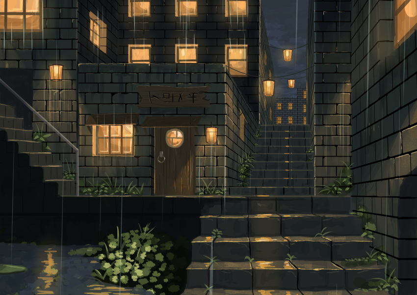 absurdres ame246 building bush clouds commentary_request door grass highres lamp light lily_pad night no_humans original plant pond rain scenery sign sky stairs stone_stairs water_drop window