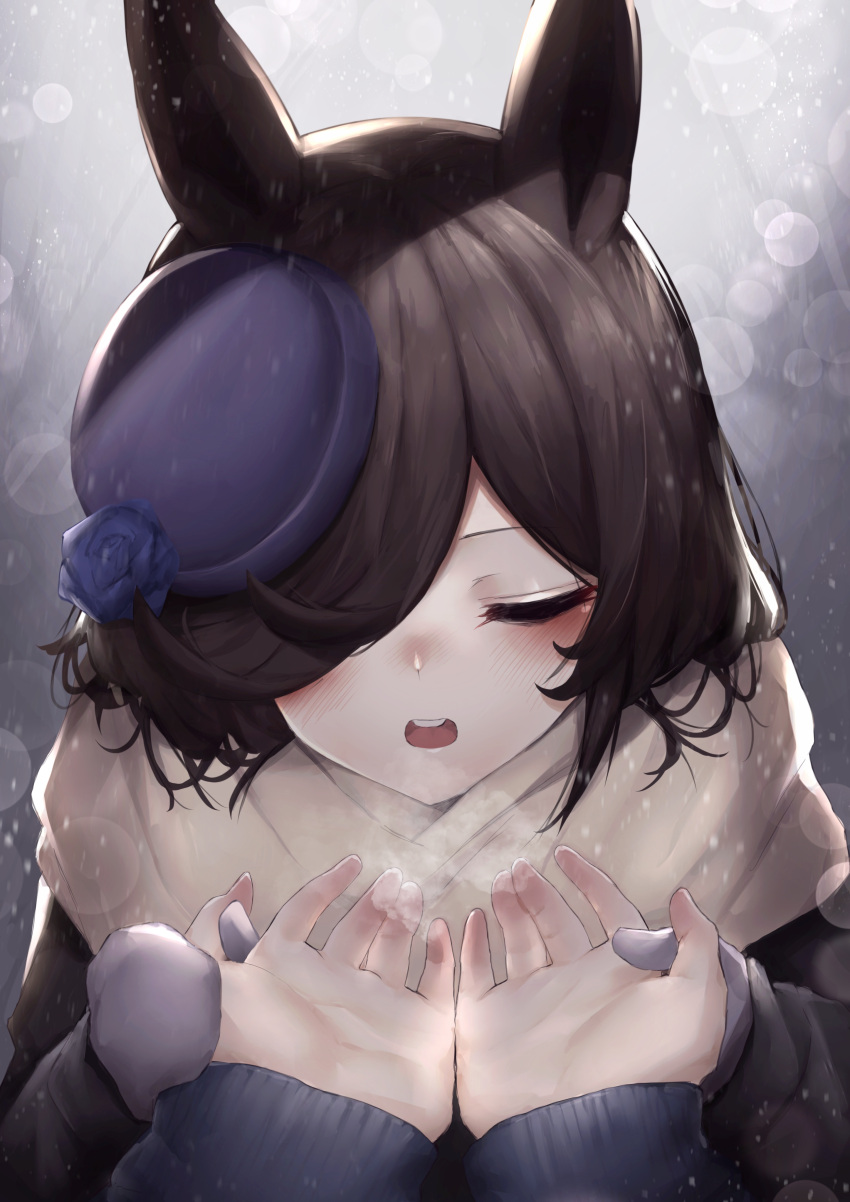 1girl 1other absurdres animal_ears bangs black_hair black_headwear black_jacket blue_flower blue_rose blush breath breathing_on_hands brown_scarf closed_eyes commentary_request flower hair_over_one_eye hat hat_flower highres hinamayo horse_ears jacket long_sleeves mittens open_mouth out_of_frame pov pov_hands rice_shower_(umamusume) rose scarf solo_focus teeth tilted_headwear umamusume upper_body upper_teeth white_mittens