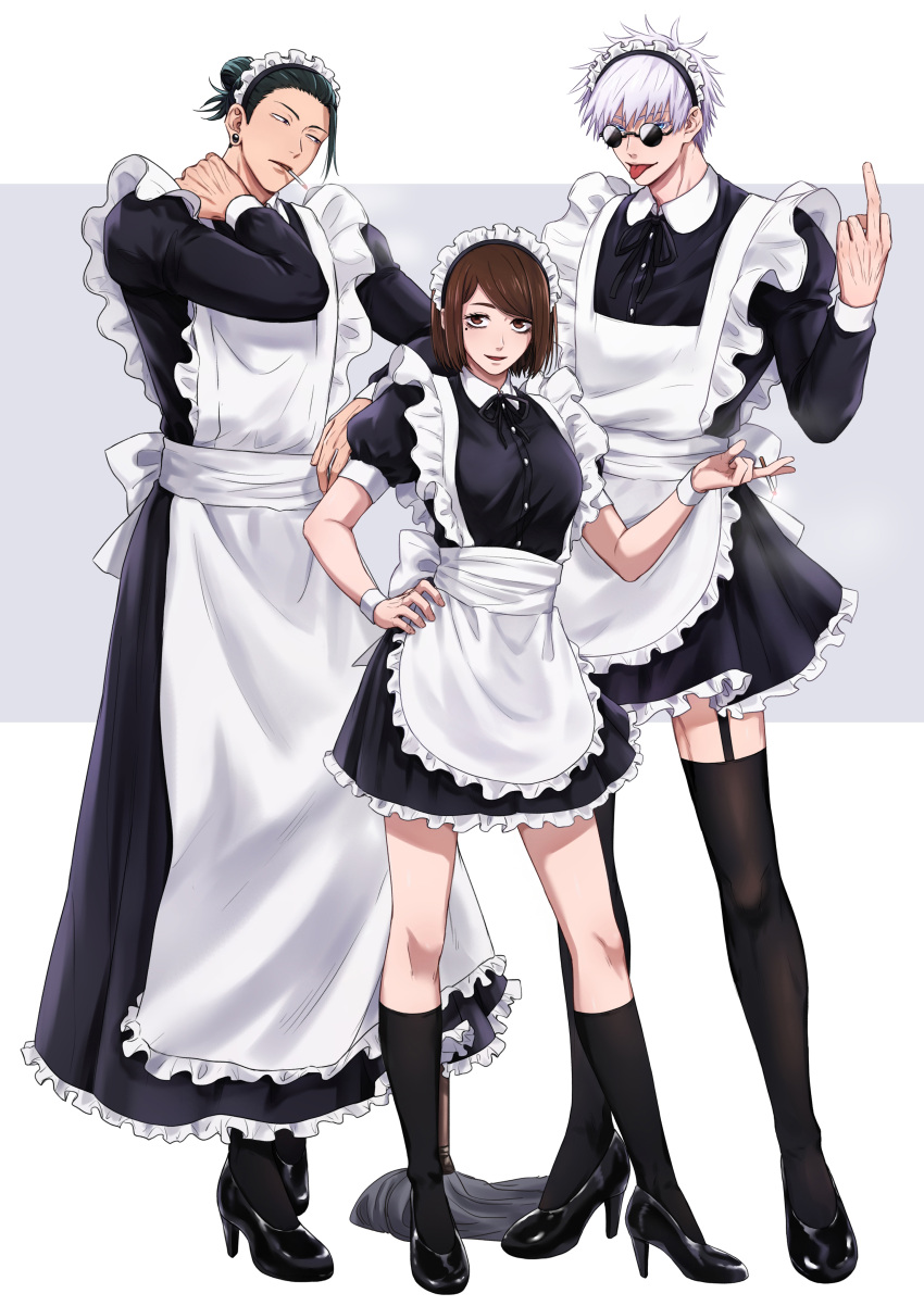 1girl 2boys absurdres apron bangs black_dress black_eyes black_footwear black_hair black_legwear blue_eyes brown_hair cigarette crossdressing dress ear_piercing full_body getou_suguru gojou_satoru grey_background hair_bun hair_pulled_back hand_on_hip hand_on_own_neck high_heels highres holding holding_cigarette ieiri_shoko jujutsu_kaisen long_sleeves looking_at_another maid maid_apron maid_headdress middle_finger miniskirt mole mole_under_eye mouth_hold multiple_boys open_mouth piercing short_sleeves simple_background skirt smile smoking standing sunglasses swept_bangs thigh-highs tongue tongue_out two-tone_background white_apron white_background white_hair xxhane