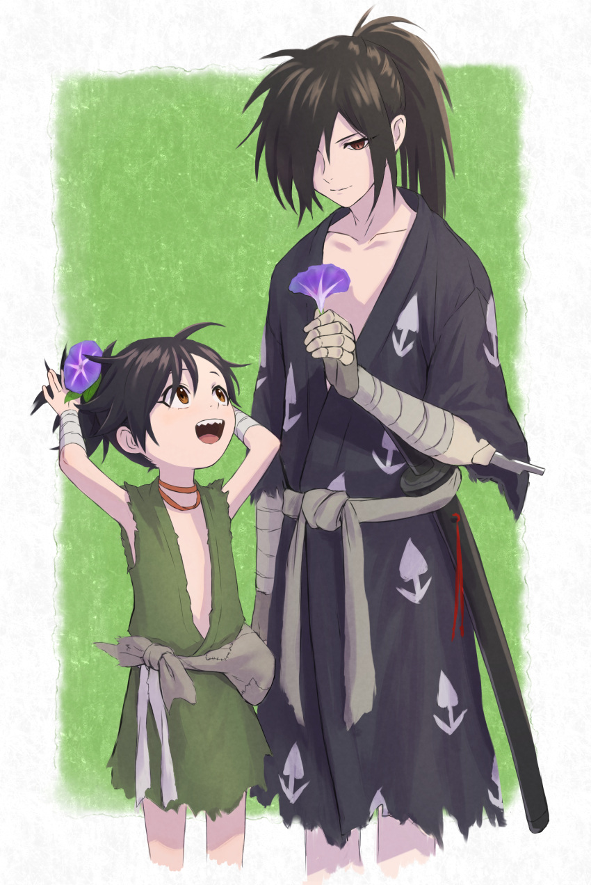 1boy 1girl :d :| @acchom_zatta \||/ absurdres androgynous arms_up bandages belt blind blue_kimono border brown_eyes brown_hair choker closed_mouth collarbone commentary_request dororo_(character) dororo_(tezuka) expressionless flower green_background green_kimono hair_flower hair_ornament height_difference highres holding holding_flower hyakkimaru_(dororo) japanese_clothes katana kimono looking_at_another open_mouth patches ponytail pouch prosthesis prosthetic_arm red_choker ribbon_choker scabbard sharp_teeth sheath short_hair sidelocks smile standing sword teeth torn_clothes torn_kimono torn_sleeves upper_body weapon white_belt wide_sleeves